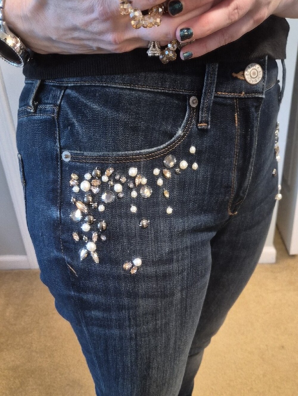 Express Dark Indigo Skinny Jeans with Pearl & Stud Detailing